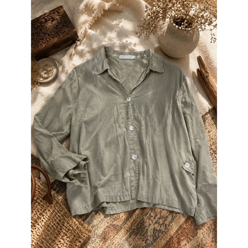 Cut Loose L Sage Green Tencel Jacket Shirt Lightweight USA Made Button FrontBoho - Picture 2 of 14